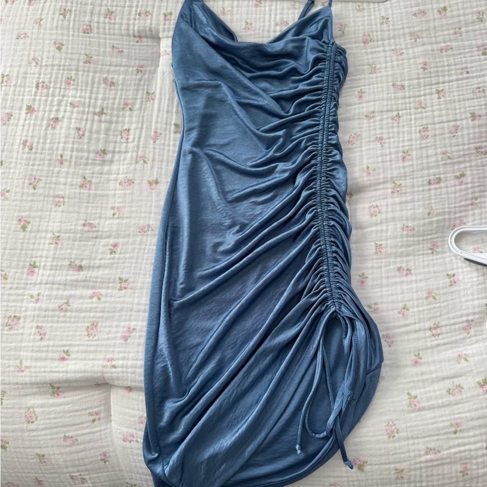 Chic Asymmetrical Blue Ruched Dress